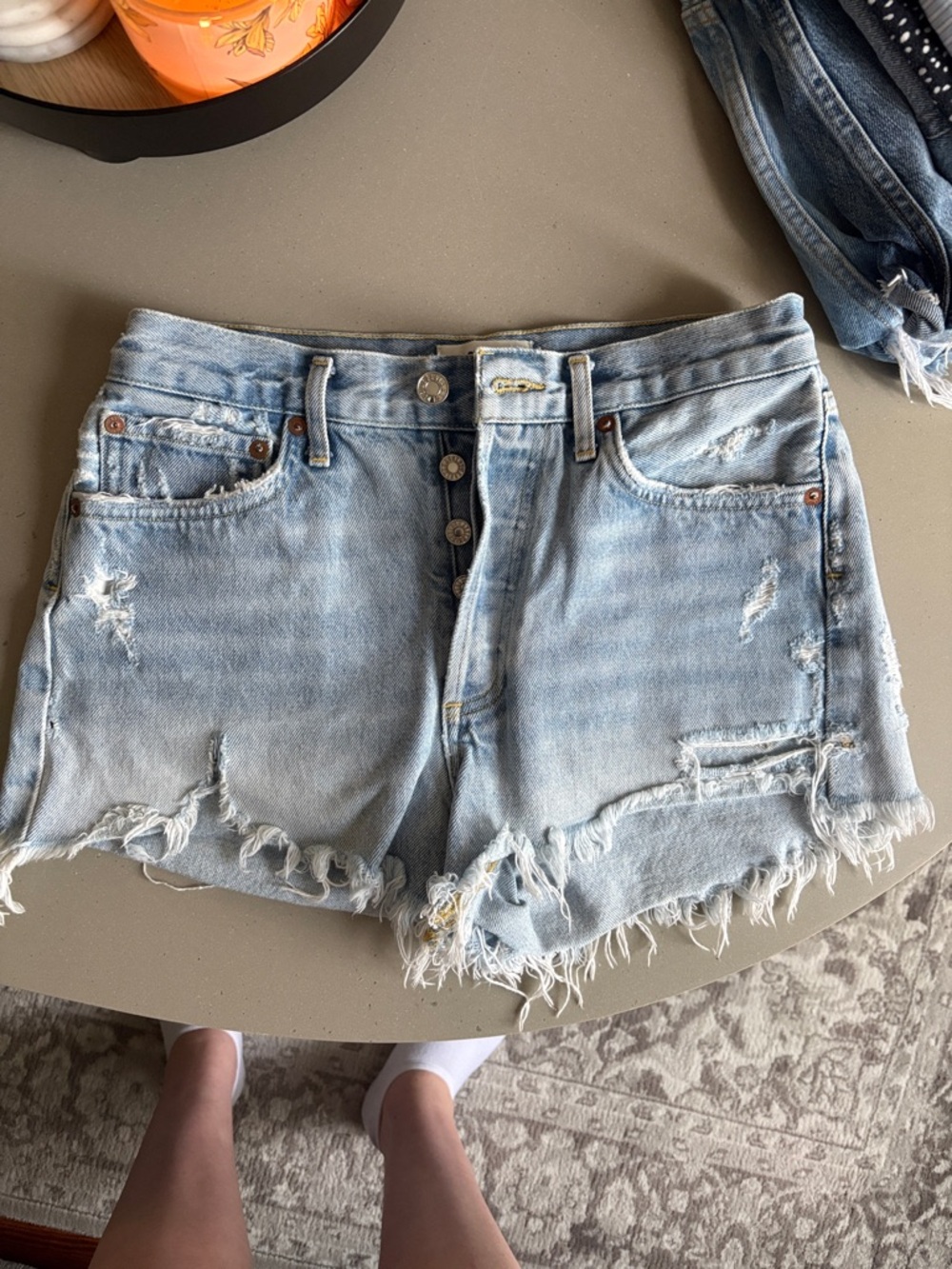 Agolde Light Blue Distressed Denim Cutoff Shorts